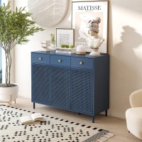 Qeiuzon Buffet Sideboard Cabinet Metal Rattan Storage Kitchen Cabinet With 3 Doors Adjustable Shelves And 3 Top Drawers Entryway Buffet Cabinet Accent Cabinet For Living Room Office Bedroom (Blue)