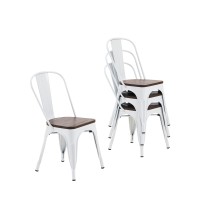 Nazhura Metal Dining Chair Farmhouse Tolix Style For Kitchen Dining Room Caf? Restaurant Bistro Patio, 18 Inch, Stackable, Waterproof Indoor/Outdoor (Sets Of 4) (White With Wood Padding)