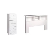 Prepac Astrid 6-Drawer Tall Chest With Acrylic Knobs, White & Full/Queen Bookcase Headboard, White