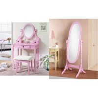 Roundhill Furniture Moniys Moniya Pink Wood Makeup Vanity Table And Stool Set & Queen Anna Style Floor Cheval Mirror, Pink