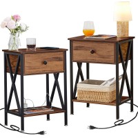 Vecelo Nightstands Set Of 2, Modern Bedside End Tables With Charging Station & Drawers & Usb Ports, Night Stand For Bedroom Living Room, 2 Pack(With Outlets), Brown