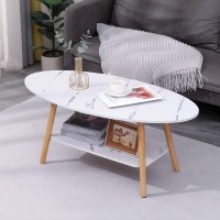 Oval Wood Coffee Table Modern Style Double Layer With Open Storage For Storage And Display 2 Tier Sofa Table Cocktail Table For Living Room Home Office
