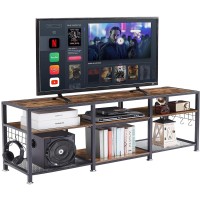Vecelo Tv Stand For Televisions Up To 75 Inch, Industrial Entertainment Center With 3-Tier Open Storage Shelves& Hooks For Living, Bedroom And Gaming Room, 70 Inch, Brown