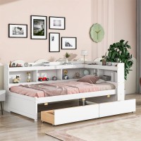 I-Pook Twin Size Platform Bed With L-Shaped Bookcases And Drawers, Solid Wood Platform Bed Frame With Headboard And 10 Wood Slats Support Floor Bed For Boys Girls Adults No Box Spring Needed, White