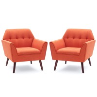 Kingfun Tbfit Linen Fabric Accent Chairs Set Of 2 For Bedroom Midcentury Modern Accent Arm Chairs For Living Room Comfortable Reading Chair Tufted Sofa Chair Upholstered Single Sofa Light Orange