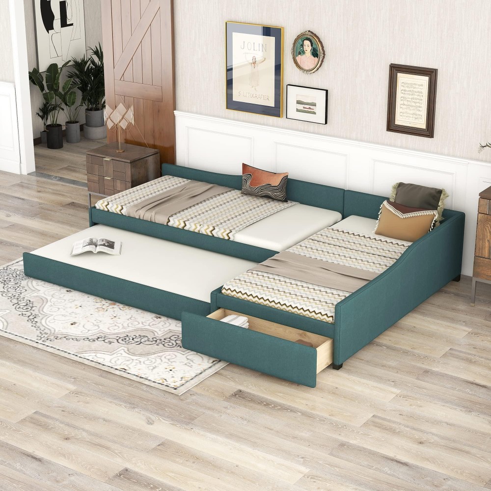 Siysnksi Twin Size Upholstered Daybed With Trundle And Drawer, Wooden Daybed Frame, L-Shaped Sofa Bed For Bedroom Guest Room Office, No Box Spring Needed, Easy Assembly (Green)
