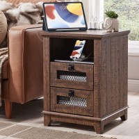 Nightstand With Charging Station,Okd 18'' Industrial & Farmhouse End Table With 2 Drawers &Open Cubby, Rustic Mesh Drawer Sofa Side Table W/Storage For Bedroom, Living Room, Office, Reclaimed Barnwood