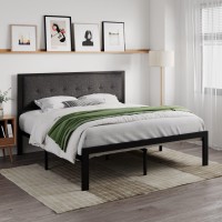 Sha Cerlin King Size Bed Frame With Upholstered Headboard, Platform Bed Frame With Metal Slats, Button Tufted Square Stitched Headboard, Noise Free, No Box Spring Needed, Easy Assembly, Dark Grey
