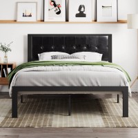 Sha Cerlin Faux Leather Queen Platform Bed Frame With Metal Slats, Button Tufted Square Stitched Headboard, No Box Spring Needed, Easy Assembly, Queen