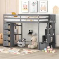 Twin Loft Bed With Stairs And Storage Drawers, Wood Loft Beds Frame With Shelves And Bookcase, Modern High Loft For Kids Boys Girls Teens, Twin Size, Gray