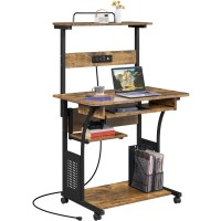 Yaheetech 3 Tiers Rolling Computer Desk On Wheels With Charging Station And Keyboard Tray, Mobile Home Office Desk Pc Laptop Workstation With Power Outlet And Usb Ports For Home Studying, Rustic Brown