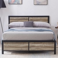 Vecelo Queen Size Platform Bed Frame With Vintage Wood Headboard, Mattress Foundation, Strong Metal Slats Support, No Box Spring Needed, Grey Oak