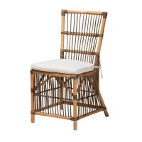 Baxton Studio Kim White Fabric And Natural Brown Rattan Dining Chair