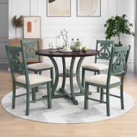 5-Piece Round Dining Table And 4 Fabric Chairs With Special-Shaped Table Legs And Storage Shelf, Farmhouse Dinette Set For 4, Easy Assembly, For Kitchen Dining Room (Antique Blue/Dark Brown)