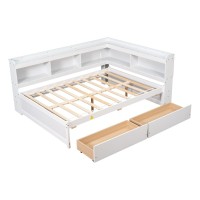 Frithjill Full Size Bed Frame With Bookcase Headboard And Side, Wood Platform Bed With 2 Storage Drawers For Small Spaces