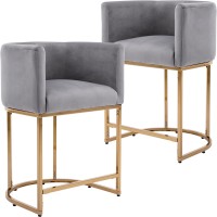 Wahson Set Of 2 Velvet Upholstered Bucket Counter Height Stools, 24 H Mid Century Modern Fabric Bar Stools, With Golden Metal Frame, Grey