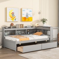 Twin Size Daybed With Drawers, Wood Bed Frame With L-Shaped Bookcases, Gray