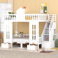 Meritline Full Loft Beds With Stairs And Desk, Wooden Castle Shaped Full Over Full Bunk Bed With Changeable Desk,Storage Bunk Bed With Drawers For Kids Girls Boys Teens,White