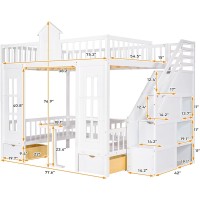 Meritline Full Loft Beds With Stairs And Desk, Wooden Castle Shaped Full Over Full Bunk Bed With Changeable Desk,Storage Bunk Bed With Drawers For Kids Girls Boys Teens,White