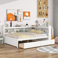 Triple Tree Full Bed With L-Shaped Bookcases, Wood Platform Bed Frame With 2 Storage Drawers, Space Saving Storage Bed Frame With Slats Support, Childrens Bedroom Daybed For Boys And Girls, White