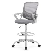 Drafting Chair, Ergonomic Tall Office Chair, Mid Back Mesh Standing Desk Chair With Adjustable Foot Ring And Armrest, Swivel Rolling Counter Height High Work Stool, Grey