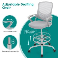 Drafting Chair, Ergonomic Tall Office Chair, Mid Back Mesh Standing Desk Chair With Adjustable Foot Ring And Armrest, Swivel Rolling Counter Height High Work Stool, Grey