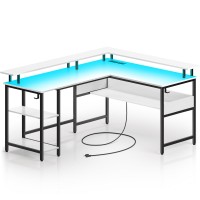 Rolanstar Computer Desk L Shaped 59'' With Led Lights And Power Outlets, Reversible L Shaped Gaming Desk With Monitor Stand, Home Office Desk With Storage, Desk With Usb Port And Hook, White