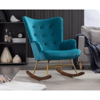 Shunzhi Velvet Nursery Rocking Chair With Armrest, Modern Reading Chair Upholstered Lazy Chair Tufted Side Chair Comfy Club Chair Accent Chair For Living Room Bedroom Office Small Spaces,Teal Blue