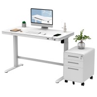 Flexispot Ew8 Comhar Electric Standing Desk With White Cabinet, Height Adjustable 48 Whole-Piece Quick Install Home Office Table With Storage Drawer Charging Usb A To C Port (White Top Frame)