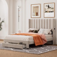 Ruisisi Full Size Velvet Bed Frame With Large Drawer, Upholstered Platform Bed Frame With Wingback Headboard And Pockets For Bedroom Beige