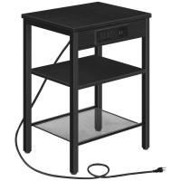 Hoobro End Table With Charging Station And Usb Ports, 3-Tier Nightstand With Adjustable Shelf, Narrow Side Table For Small Space In Living Room, Bedroom And Balcony, Black Bb112Bz01