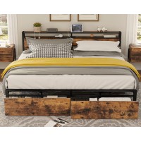 Likimio King Bed Frame With Storage Headboard, Platform Bed With Drawers And Charging Station, No Box Spring Needed, Easy Assembly, Vintage Brown