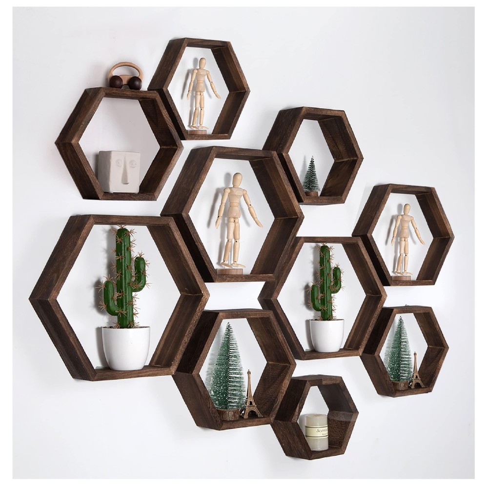 Wonfulity Hexagon Floating Shelves Set Of 10, Honeycomb Shelves Wall Mounted Wood Farmhouse Storage Wall Shelf For Bathroom, Kitchen, Bedroom, Living Room,Driftwood Finish Wall Decor, Walnut