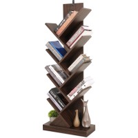 8 Tier Tree Bookshelf, 8 Shelf Open Book Case, Sturdy Tree Bookcase, Narrow Book Organizer Shelves For Bedroom, Living Room, Home Office, Dark Brown, W/Wall Anchor, 15.9X8.1X47.6