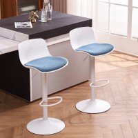 Younike Bar Stools Set Of 2 White Modern Counter Height Stool With Light Blue Velvet Padded Seat, Adjustable Swivel Barstools With Back For Bar Counter And Kitchen Island