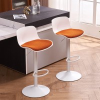 Younike Bar Stools Set Of 2 White Modern Counter Height Stool With Orange Velvet Padded Seat, Adjustable Swivel Barstools With Back For Bar Counter And Kitchen Island