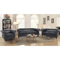 Wirrytor 3 Pieces Of Living Room Furniture Chesterfield Sofa Sets,Faux Leather Chesterfield Sofa&Chesterfield Club Chair&Chesterfield Loveseat Sofas Set With Nailhead Trim Scroll Arms(Black)