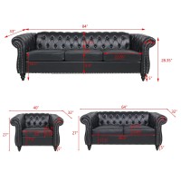 Wirrytor 3 Pieces Of Living Room Furniture Chesterfield Sofa Sets,Faux Leather Chesterfield Sofa&Chesterfield Club Chair&Chesterfield Loveseat Sofas Set With Nailhead Trim Scroll Arms(Black)