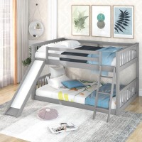 Harper & Bright Designs Low Bunk Bed Full Over Full For Kids, Wooden Floor Toddler Bunk Beds With Convertible Slide And Angle Ladder, Full Bunk Beds For Girls Boys Teens (New, Grey)
