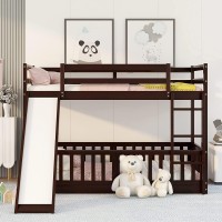 Harper & Bright Designs Bunk Beds With Slide For Kids, Low Bunk Beds Twin 0Ver Twin With Fence On Bottom Bed, Wooden Floor Bunk Beds For Girls Boys,No Box Spring Needed,Espresso