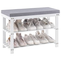 Apicizon 3-Tier Shoe Rack For Entryway, Bamboo Shoe Bench With Cushion Padded Seat, Small Shoe Organizer With Storage For Indoor Entrance Hallway Bedroom Living Room, White