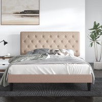Sha Cerlin Full Size Bed Frame With Button Tufted Headboard, Fabric Upholstered Mattress Foundation, Platform Bed Frame, Wooden Slat Support, No Box Spring Needed, Beige