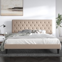 Sha Cerlin King Size Bed Frame With Button Tufted Headboard, Fabric Upholstered Mattress Foundation, Platform Bed Frame, Wooden Slat Support, No Box Spring Needed, Beige