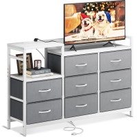 Odk Tv Stand With Charging Station, 52'' Long Tv Stand For Living Room Tv Stand With 8 Drawers, White And Light Grey