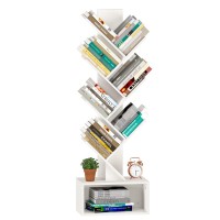 Yoobure Tree Bookshelf - 6 Shelf Retro Floor Standing Bookcase, Tall Wood Book Storage Rack For Cds/Movies/Books, Utility Book Organizer Shelves For Bedroom, Living Room, Home Office, White