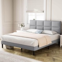 Molblly Full Size Bed Frame Upholstered Platform With Headboard, Strong Frame And Wooden Slats Support, Linen Fabric Wrap, Non-Slip And Noise-Free,No Box Spring, Easy Assembly, Light Grey