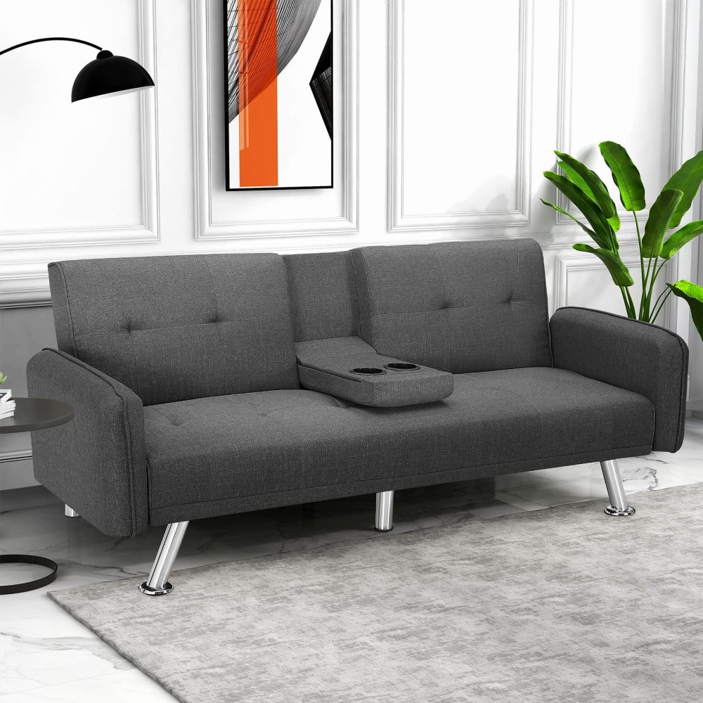Iululu Futon Sofa Bed, Convertible Couch With 2 Cup Holders Loveseat With Armrest For Studio, Apartment, Office, Living Room, Dark Grey