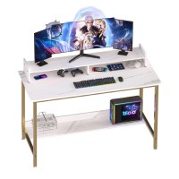 Woodynlux Computer Desk With Shelves, 43 Inch Gaming Writing Desk, Study Pc Table Workstation With Storage For Home Office, Living Room, Bedroom, Metal Frame, White.
