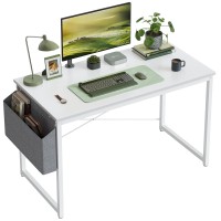 Cubiker Computer Desk 40 Inch Home Office Writing Study Desk, Modern Simple Style Laptop Table With Storage Bag, White Metal Frame, White