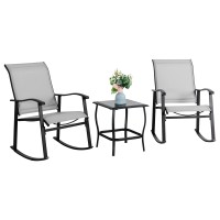 Vongrasig 3 Piece Outdoor Rocking Bistro Set, Textilene Fabric Small Patio Furniture Set, Front Porch Rocker Chairs Conversation Set With Glass Table For Lawn, Garden, Balcony, Poolside (Light Gray)